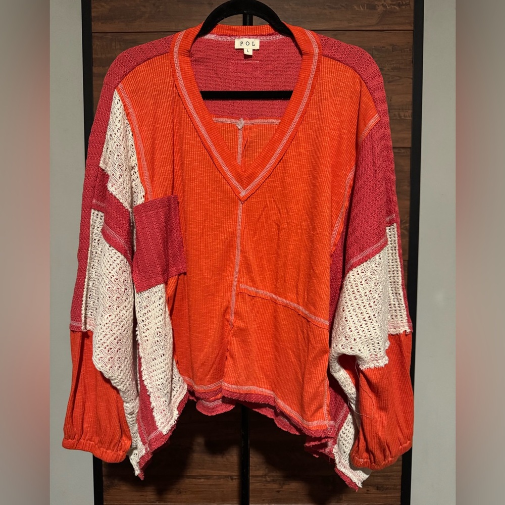 NWOT POL Women's V-Neck Colorblock Shirt- Red